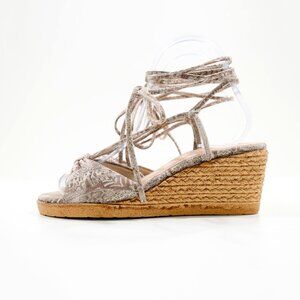 Stuart Weitzman Tan & Silver Leather 2.5" Wedge Heel Ankle Wrap Sandals - 7